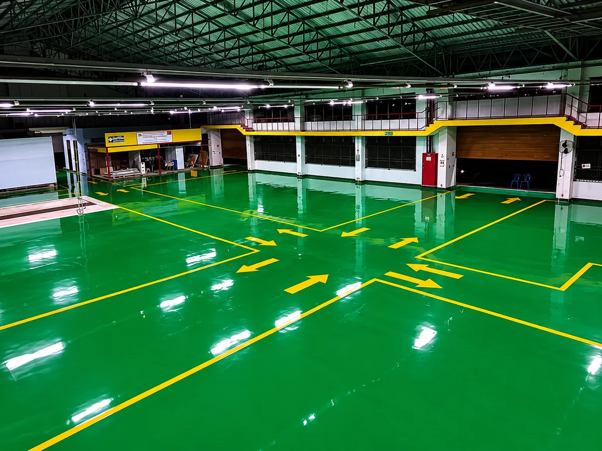 พื้น Epoxy สีเขียวพร้อมเส้นและลูกศรสีเหลือง